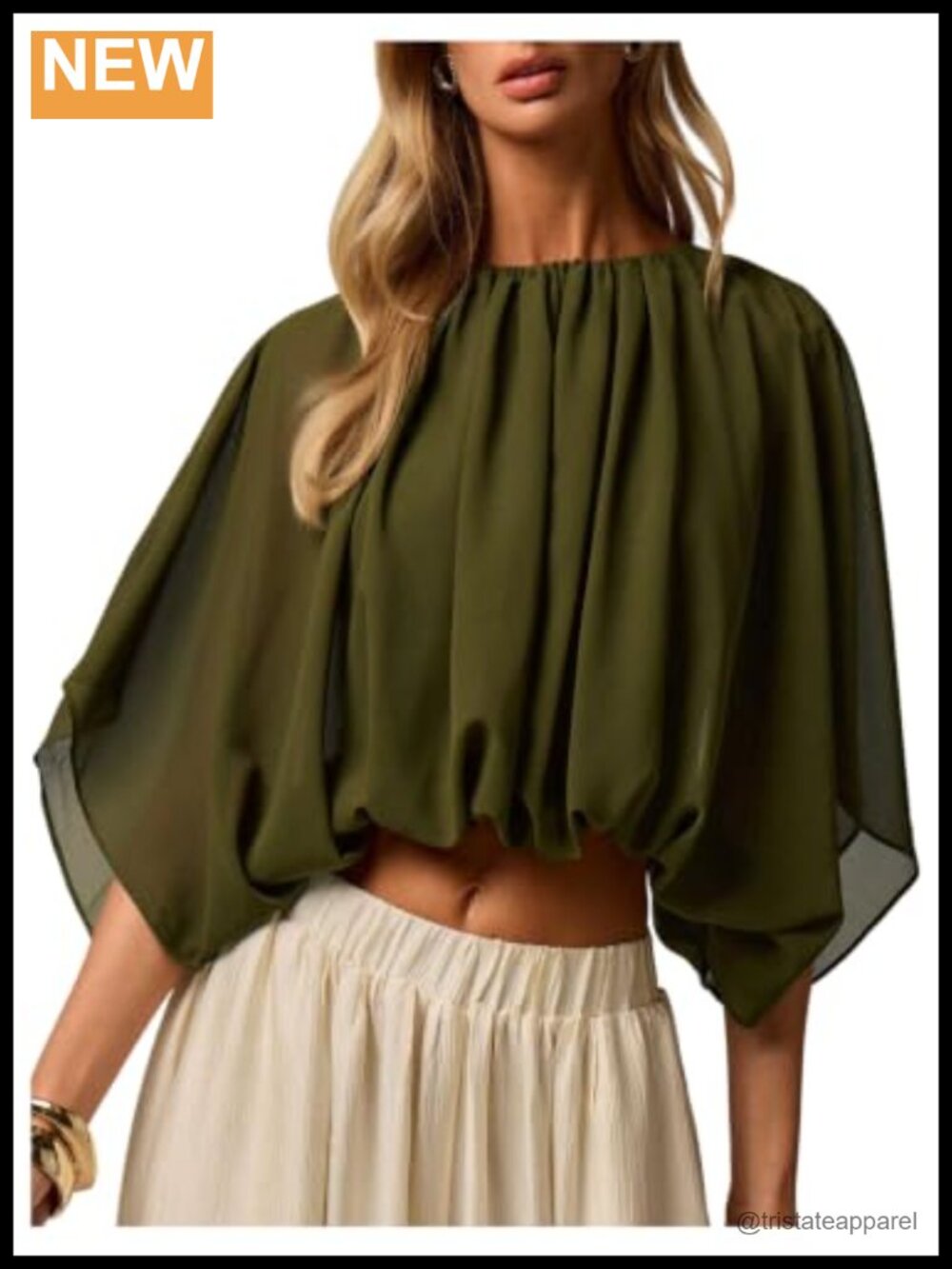 Chiffon Crop Top Dolman Sleeve Pleated Bubble Hem Blouse